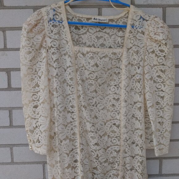 Vintage Ivory Sheer Lace Dress by Holt Renfrew Long Sleeves Drop Waist 37"B 34"W - Picture 7 of 13